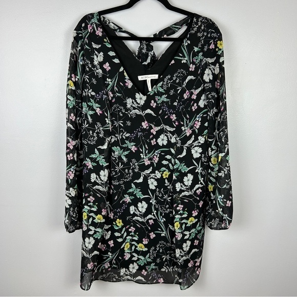 BCBGeneration Floral Chiffon Mini Dress Size XS Black Sheer Sleeve Boho - Picture 4 of 16